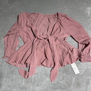 Cupshe Top Womens Small Pink Long Sleeve Sheer Peplum Tie Blouse Beach